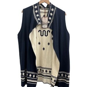 King Ranch Sleeveless Cardigan Sweater Blue Cream LG NWT Cotton Cashmere Blend